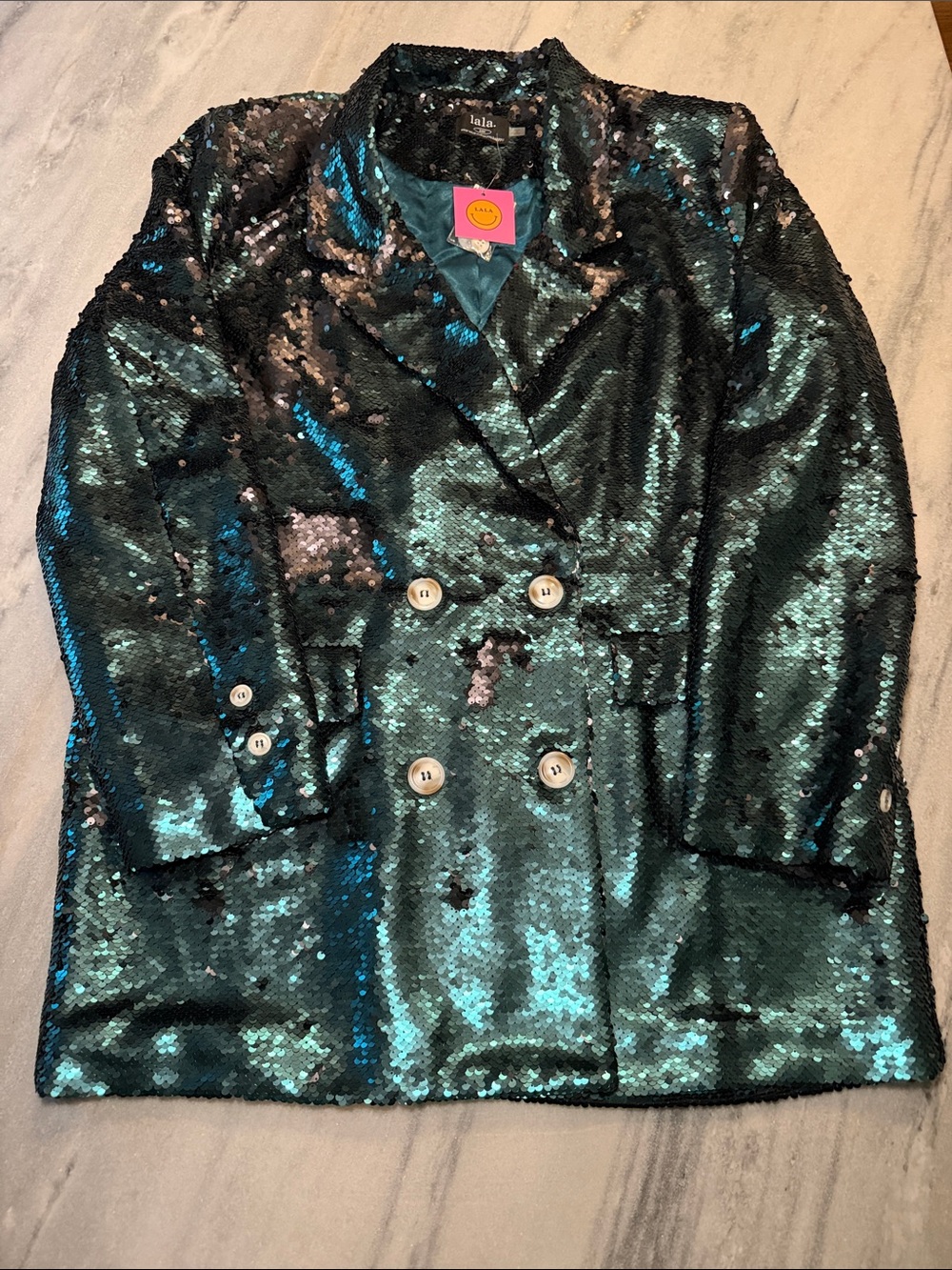 Dressed in LALA Teal and Black Sequin Double-Breasted Blazer